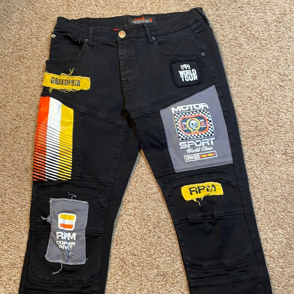 Copper Rivet Motor Sport Patch Black Jeans 36x32
